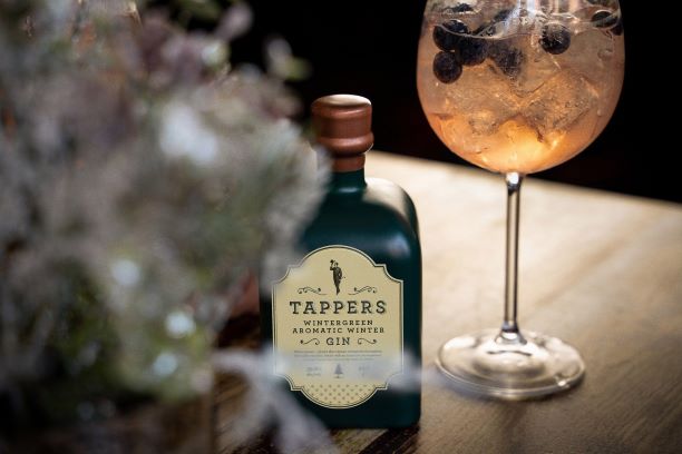 a bottle of Wintergreen Aromatic Winter Gin on a wooden table with a gin and tonic in a copa glass