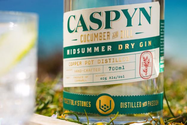 a bottle of caspym midsummer gin sitting on grass overlooking the coastline