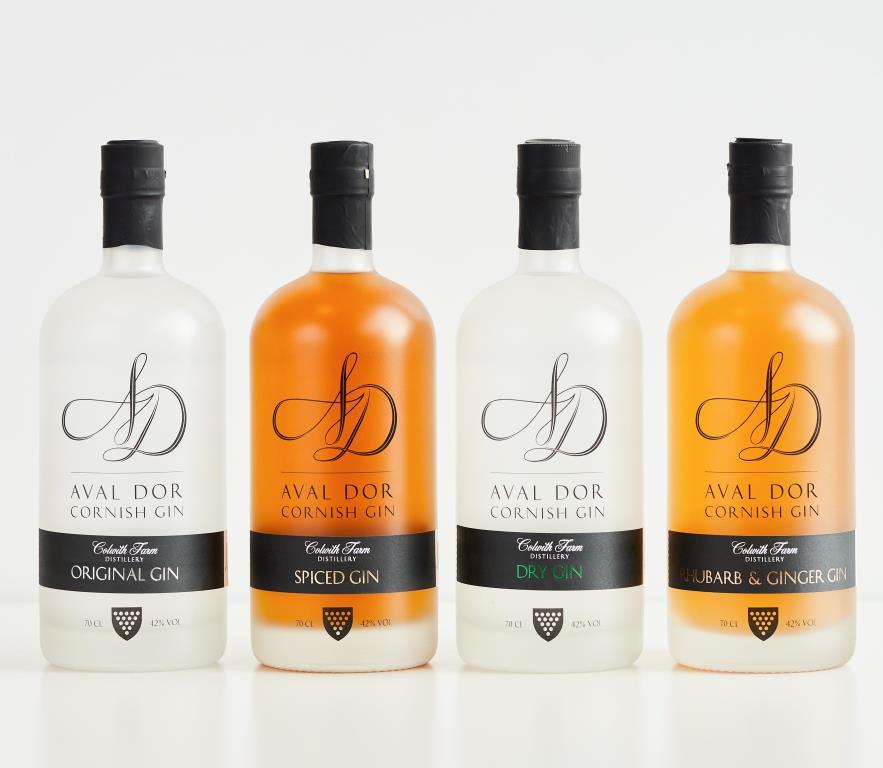 the full range of colwith farm distillery gins lined up 