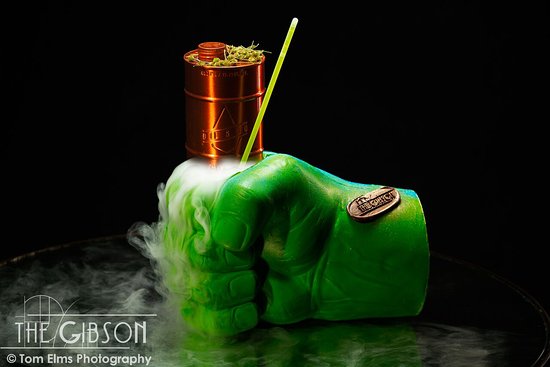 cocktail served in a green hulk fist
