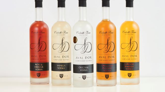 the full range of colwith farm distillery vodka lined up in a row