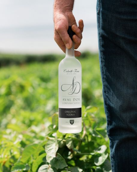 A BOTTLE OF VODKA BEING HELD BY A MAN IN A POTATOE FIELD